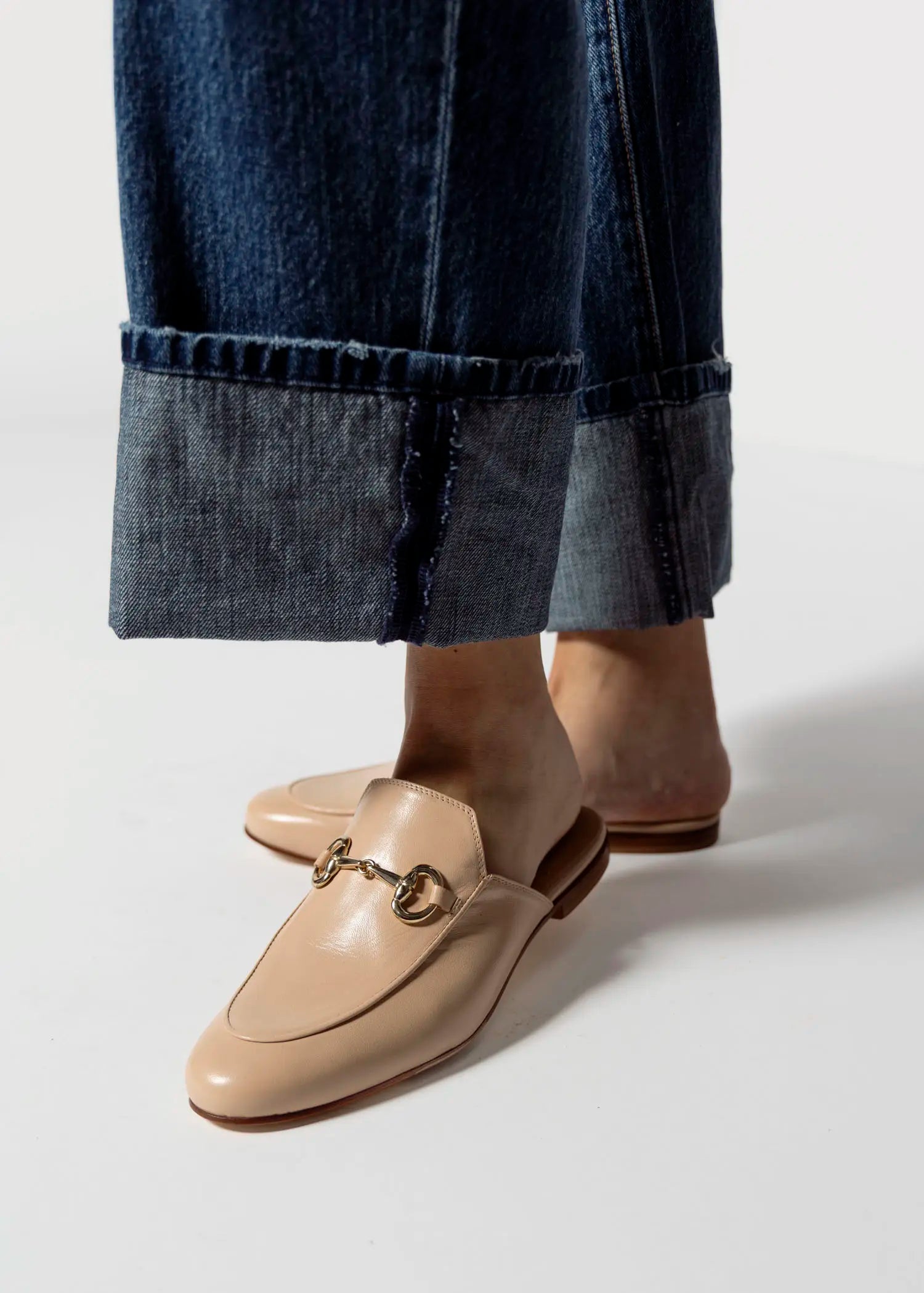 swatch_ecru leather leather mule with bit flat shoes