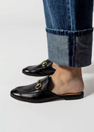 swatch_black leather leather mule with bit flat shoes