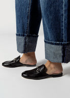 swatch_black leather leather mule with bit flat shoes