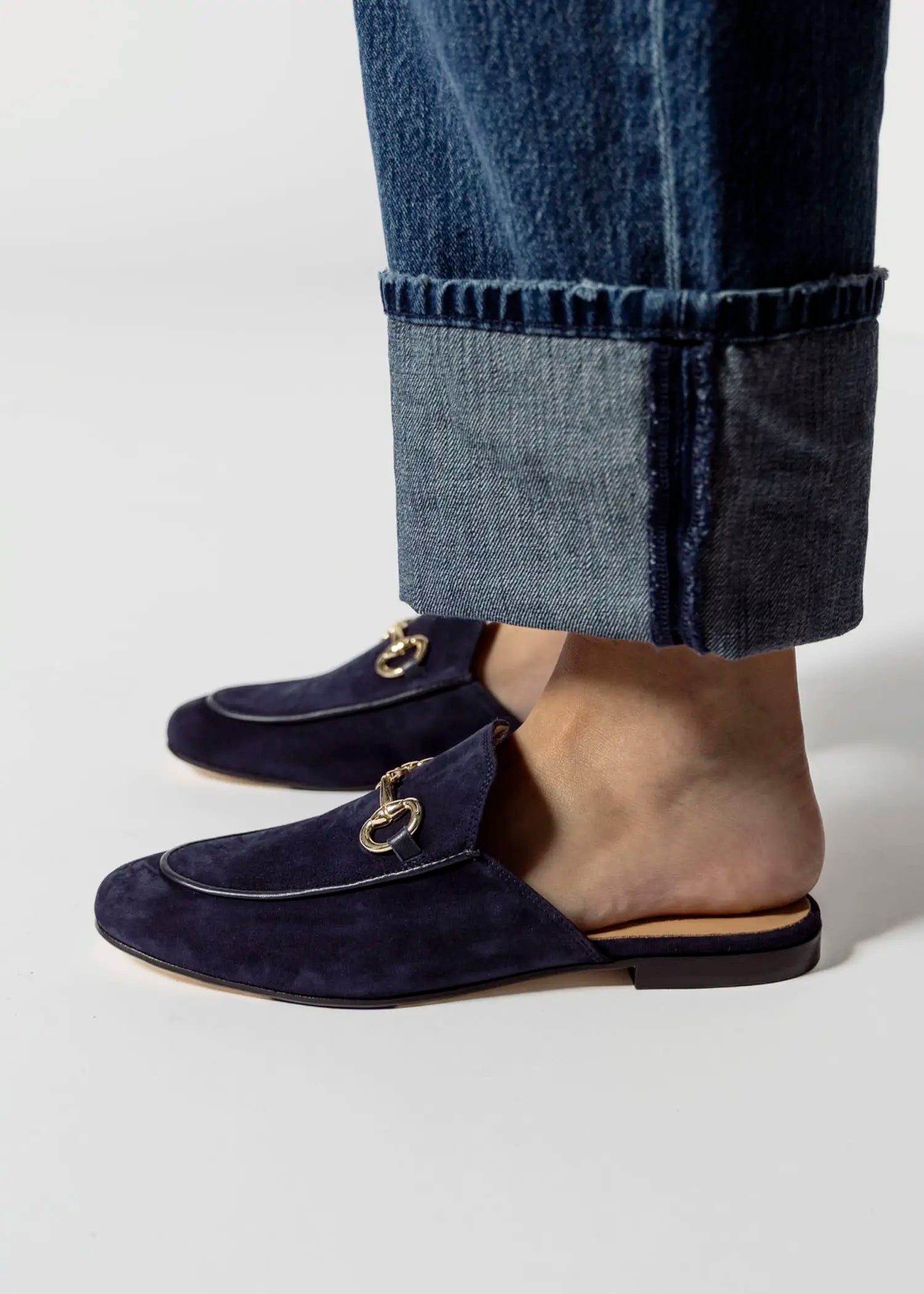 swatch_navy suede suede mule with bit flat shoes