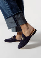 swatch_navy suede suede mule with bit flat shoes