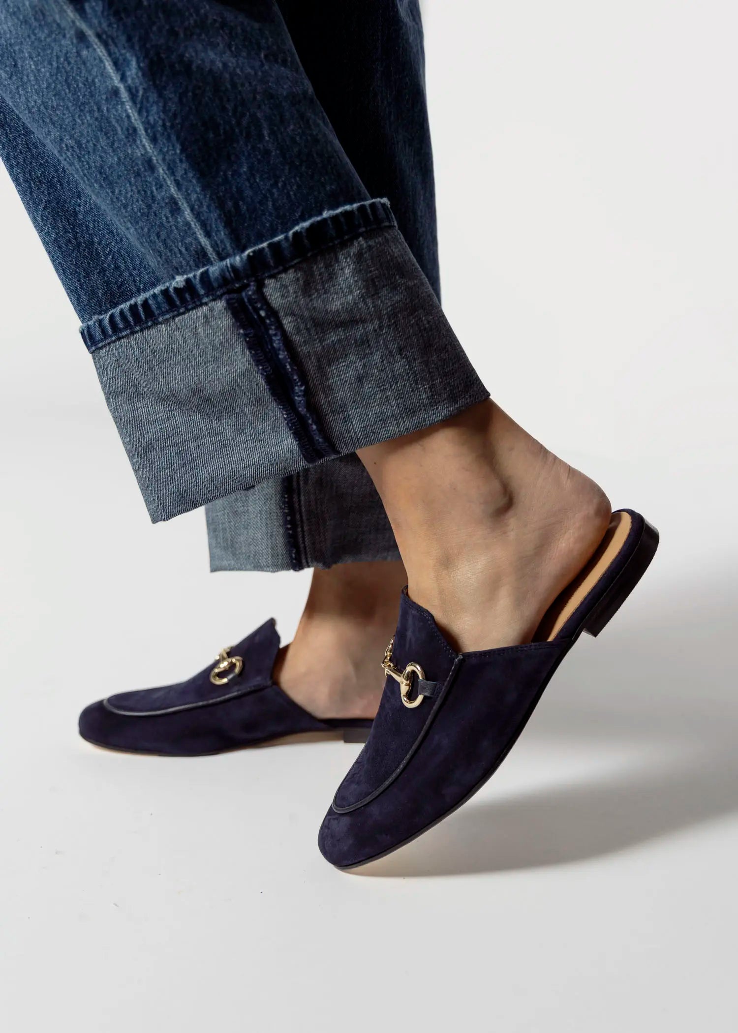 swatch_navy suede suede mule with bit flat shoes