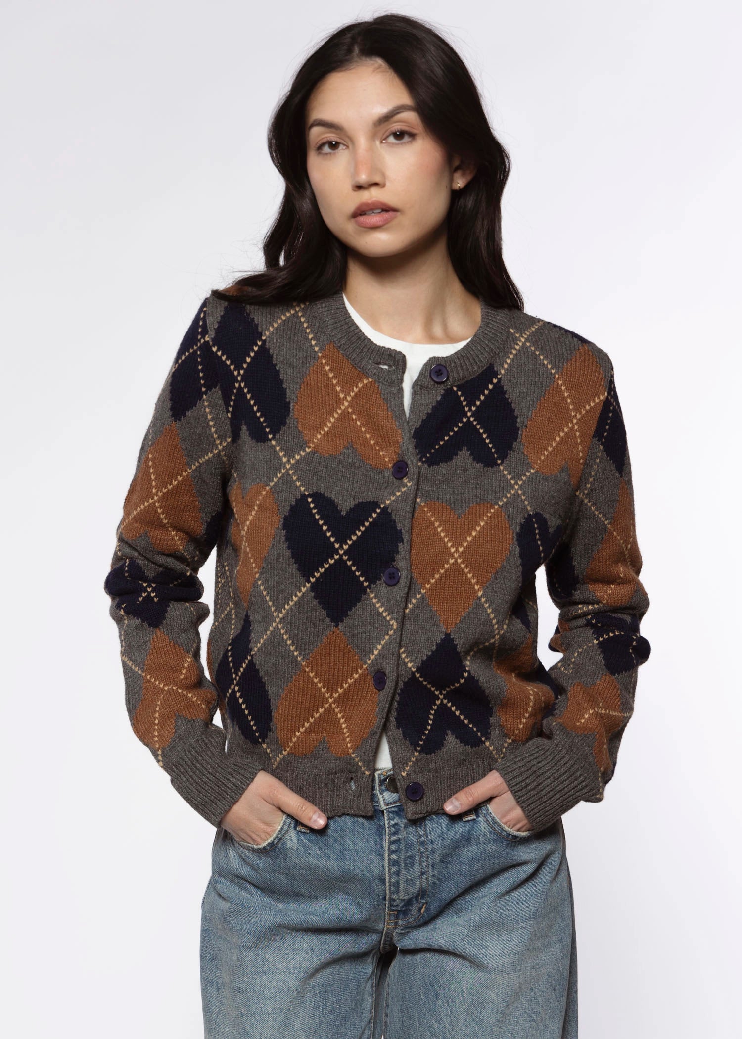 swatch_Brown Combo heart argyle cardigan sweaters