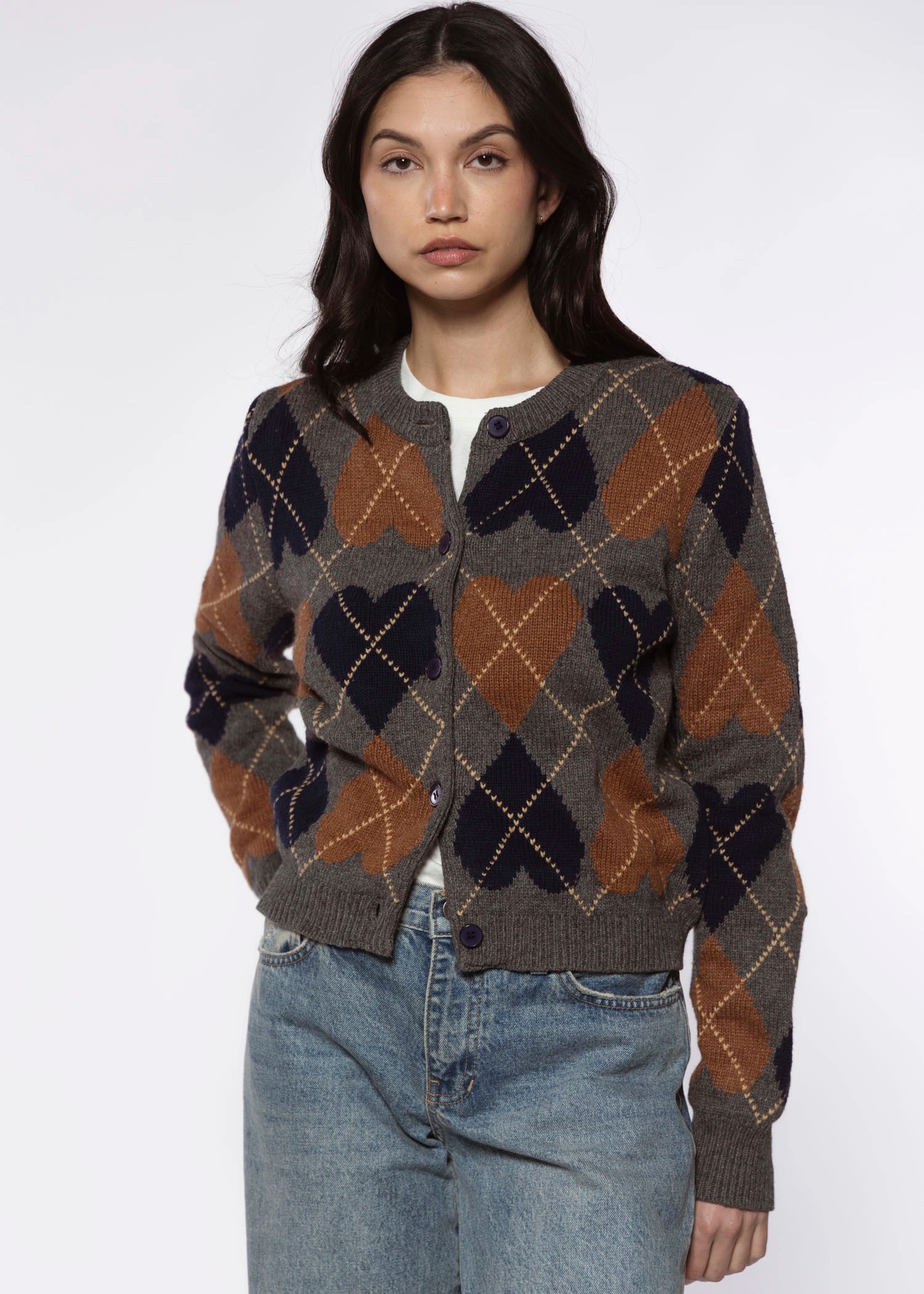 swatch_Brown Combo heart argyle cardigan sweaters