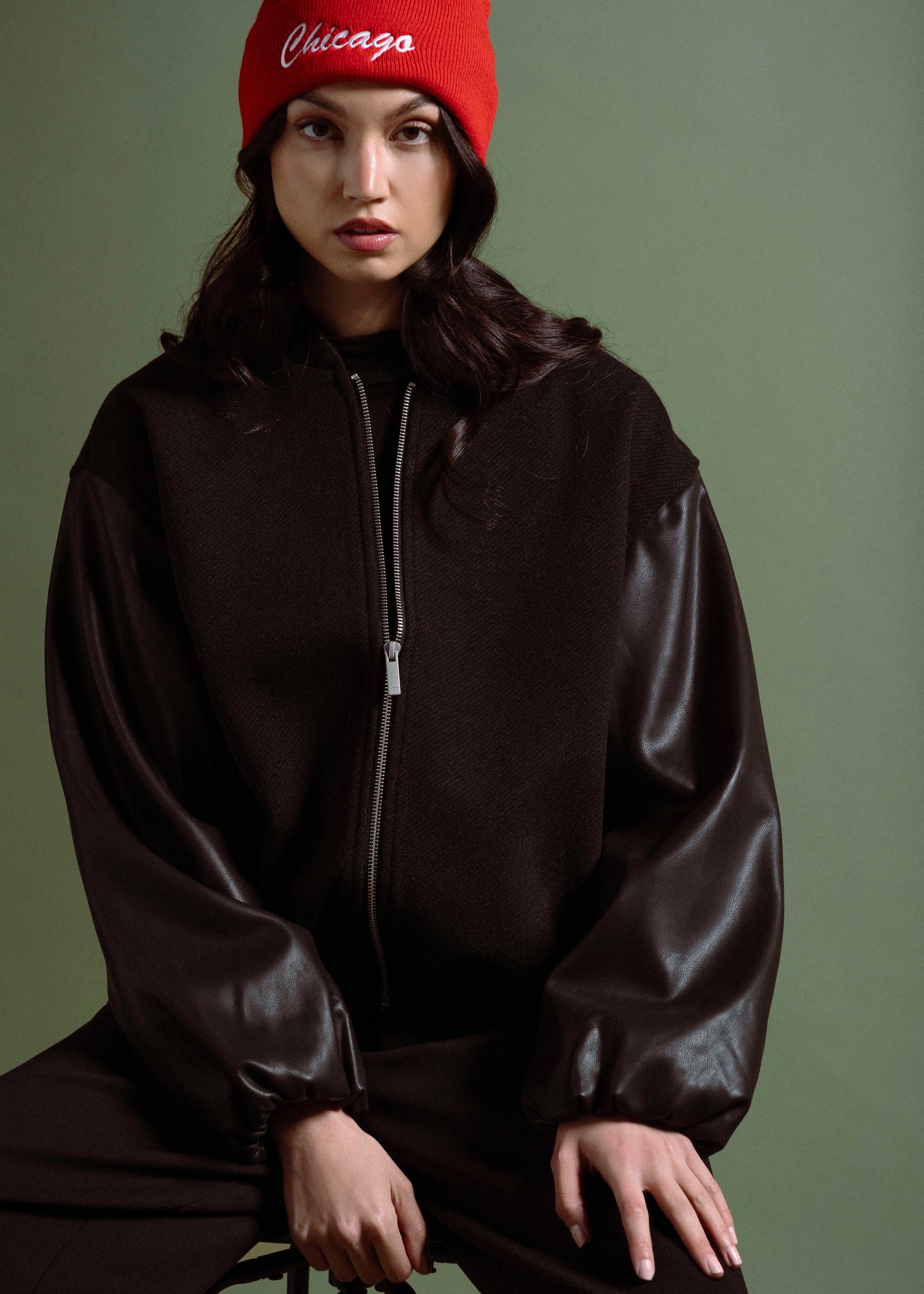 swatch_Black faux leather bubble bomber jackets