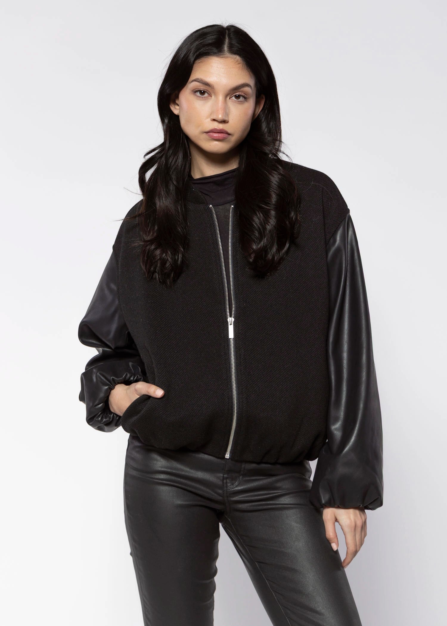 swatch_Black faux leather bubble bomber jackets