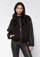 swatch_Black faux leather bubble bomber jackets