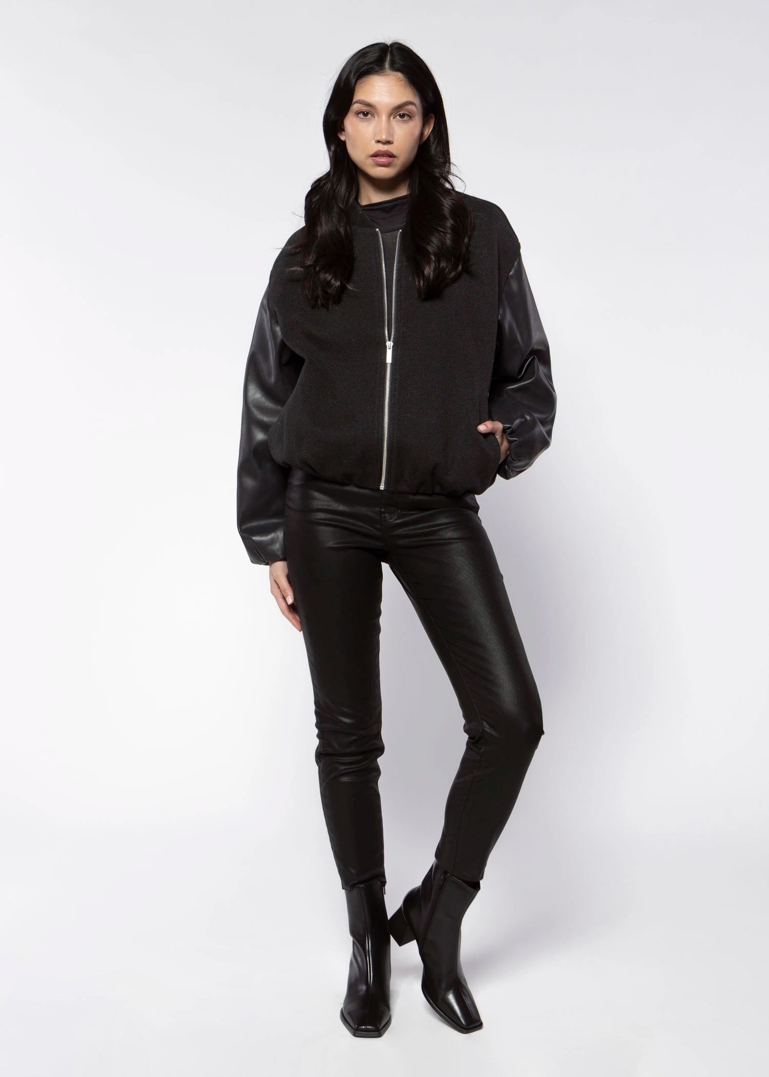 swatch_Black faux leather bubble bomber jackets