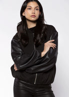 swatch_Black faux leather bubble bomber jackets