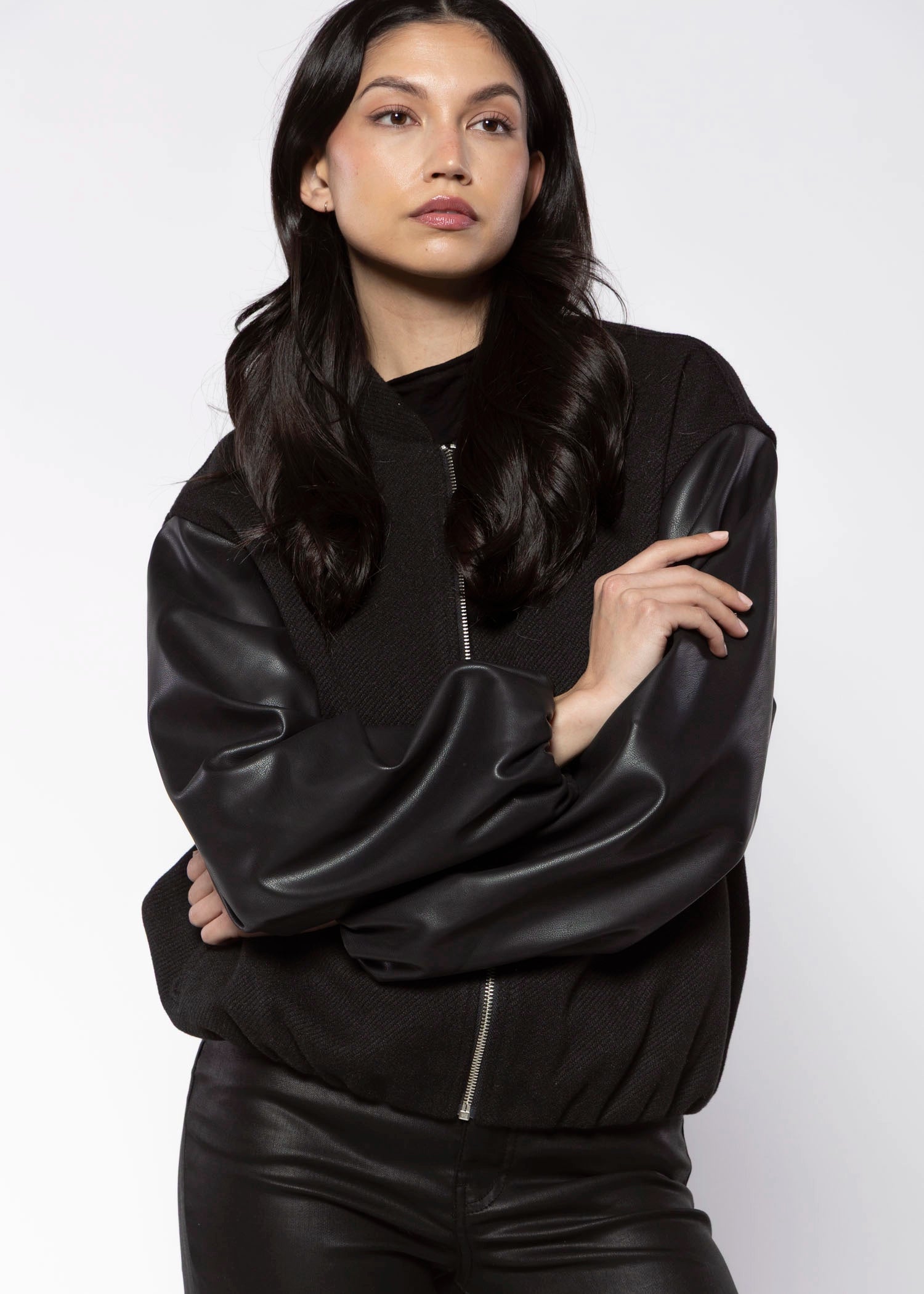 swatch_Black faux leather bubble bomber jackets