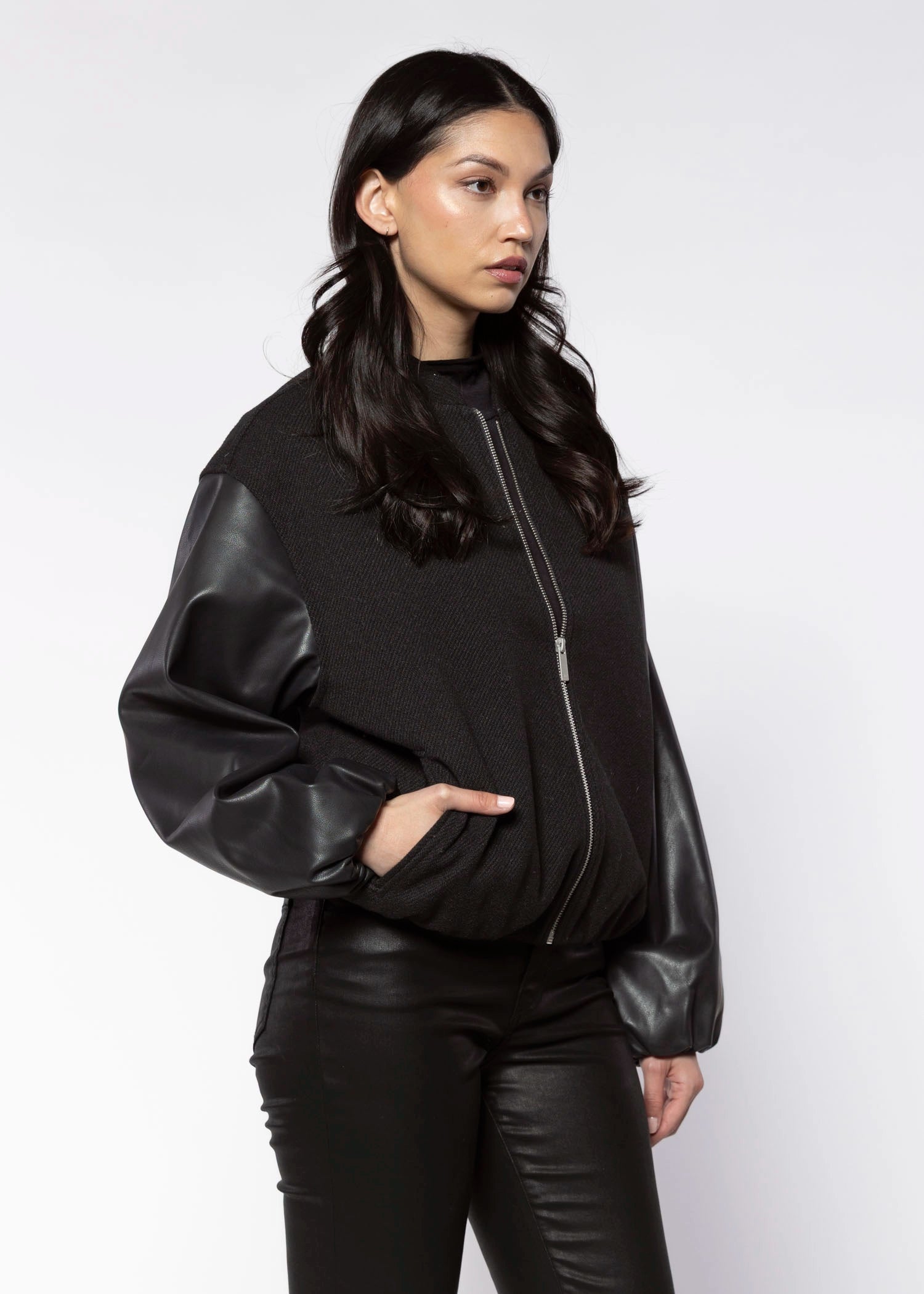 swatch_Black faux leather bubble bomber jackets