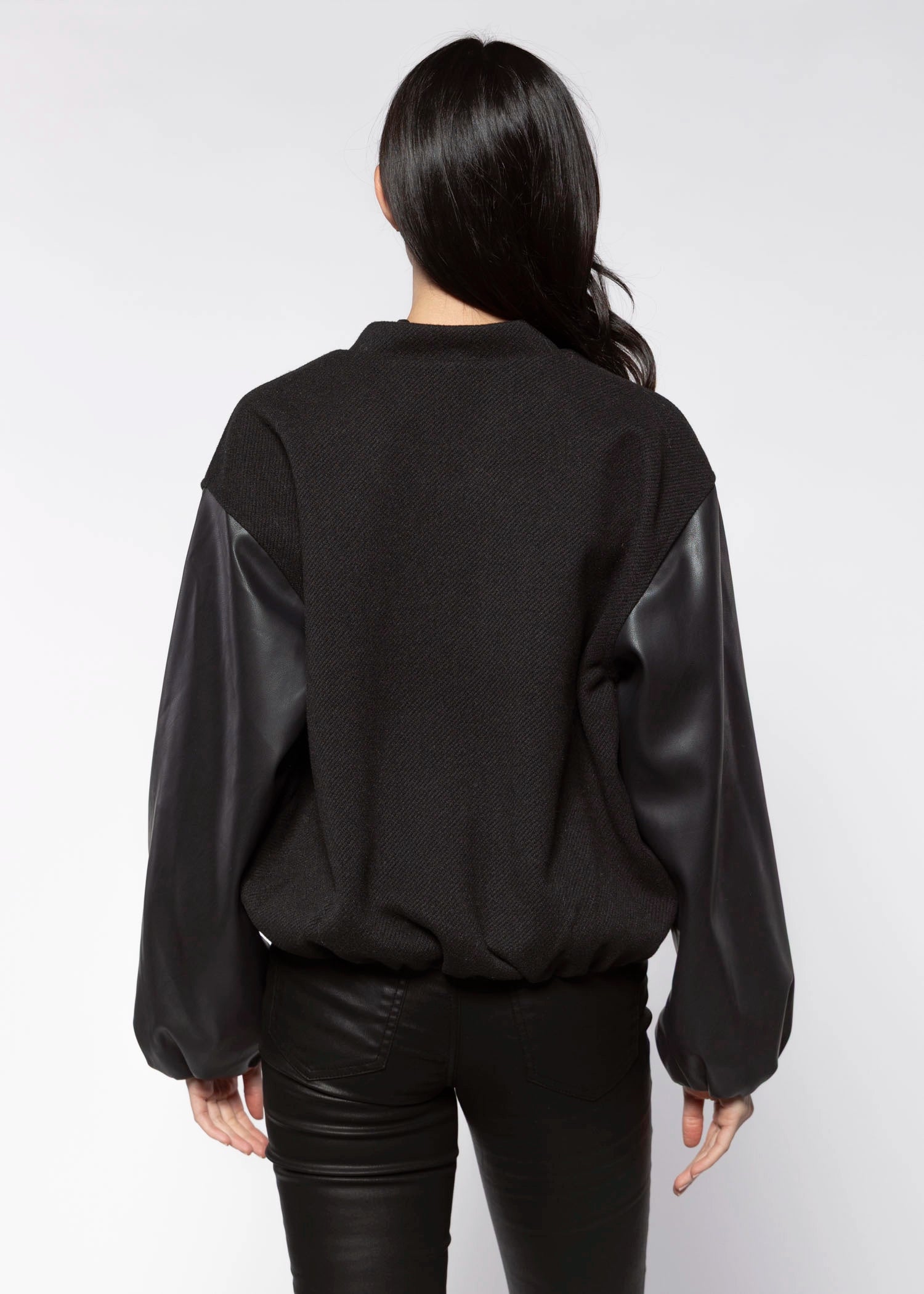 swatch_Black faux leather bubble bomber jackets