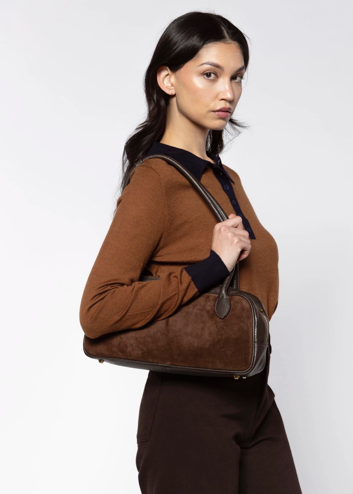 swatch_Dark Brown suede shoulder bag