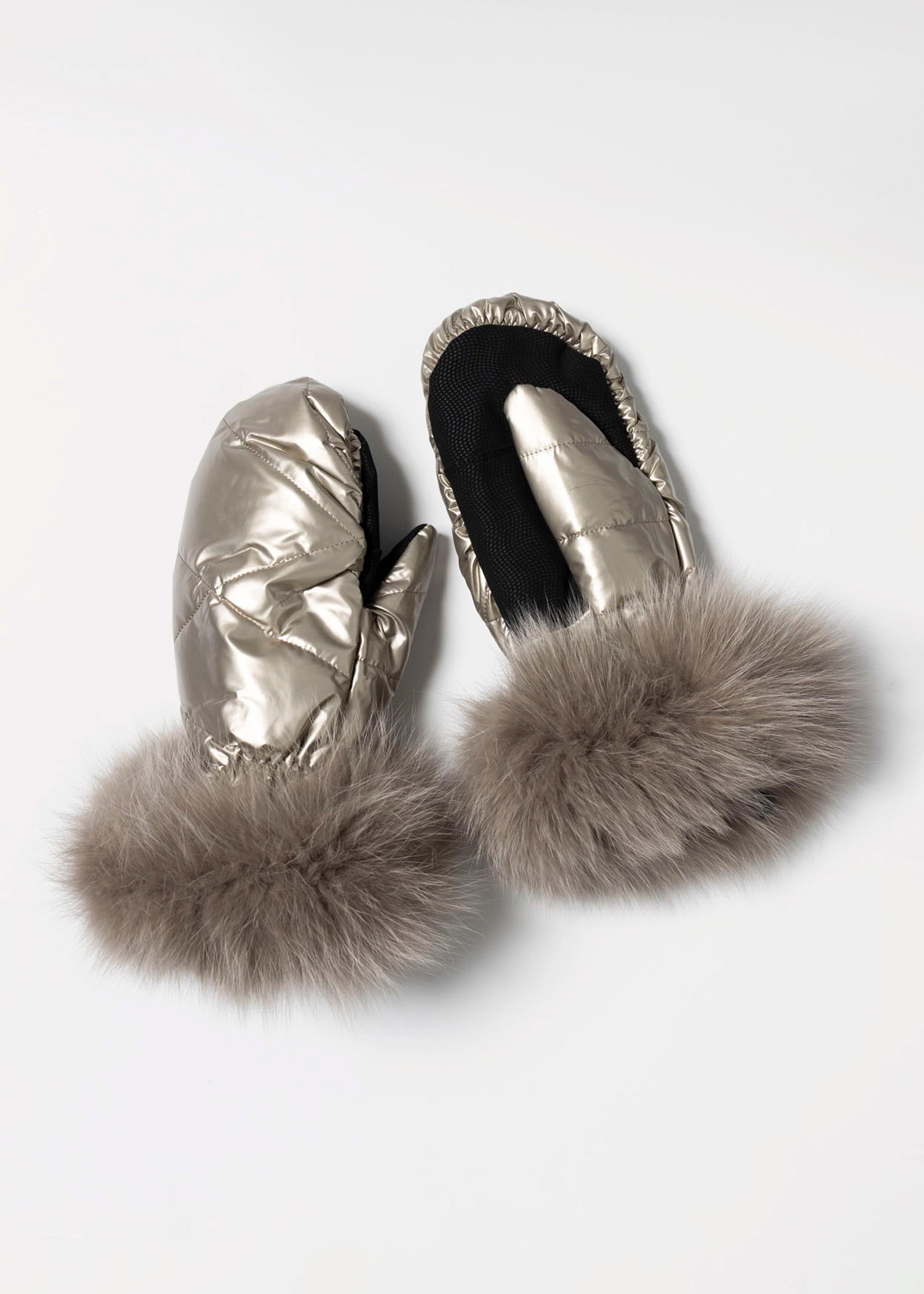 swatch_Champage nylon and fur puffer gloves