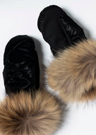 swatch_Black nylon and fur puffer gloves