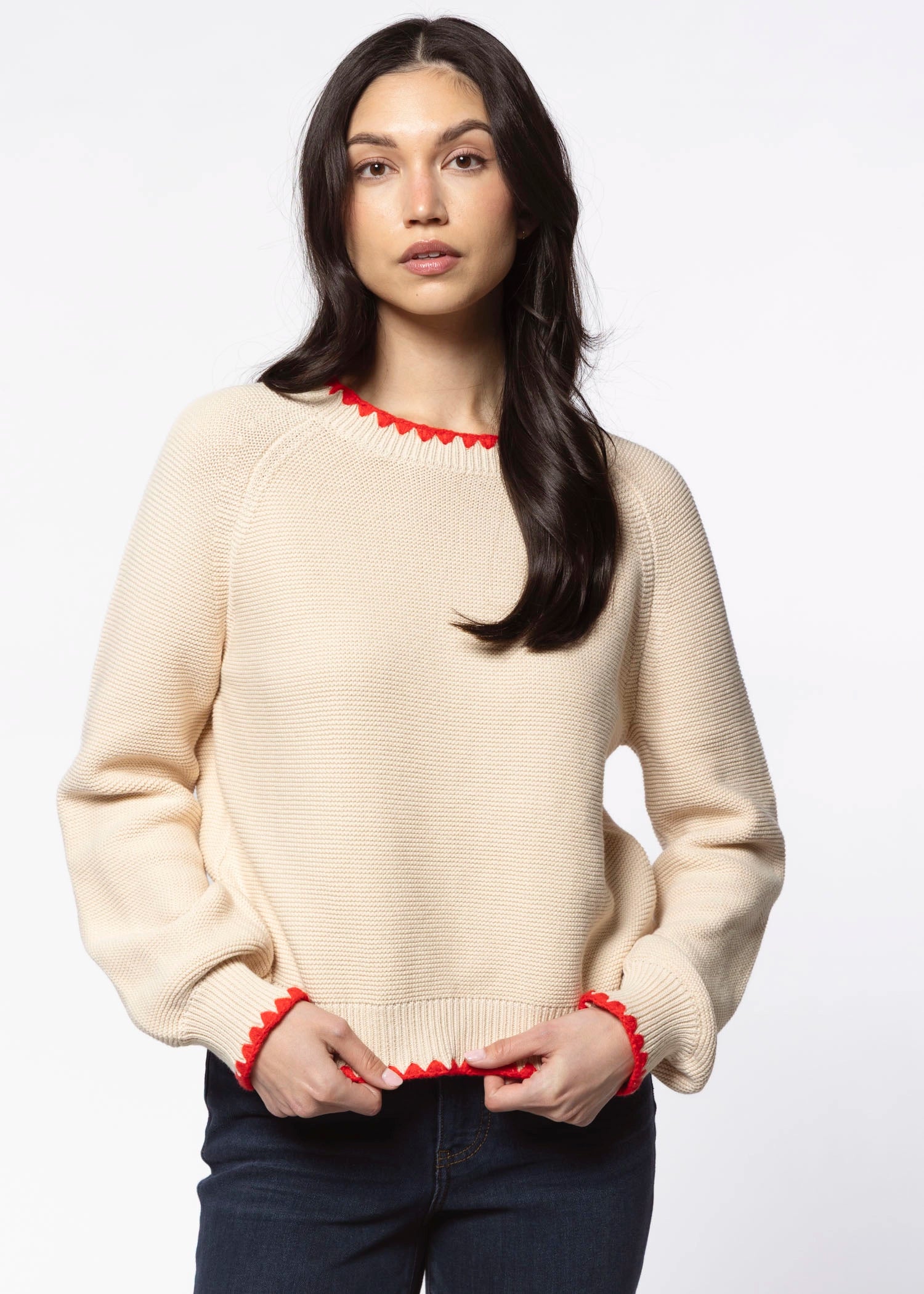 swatch_Almond/Red contrast trim sweater