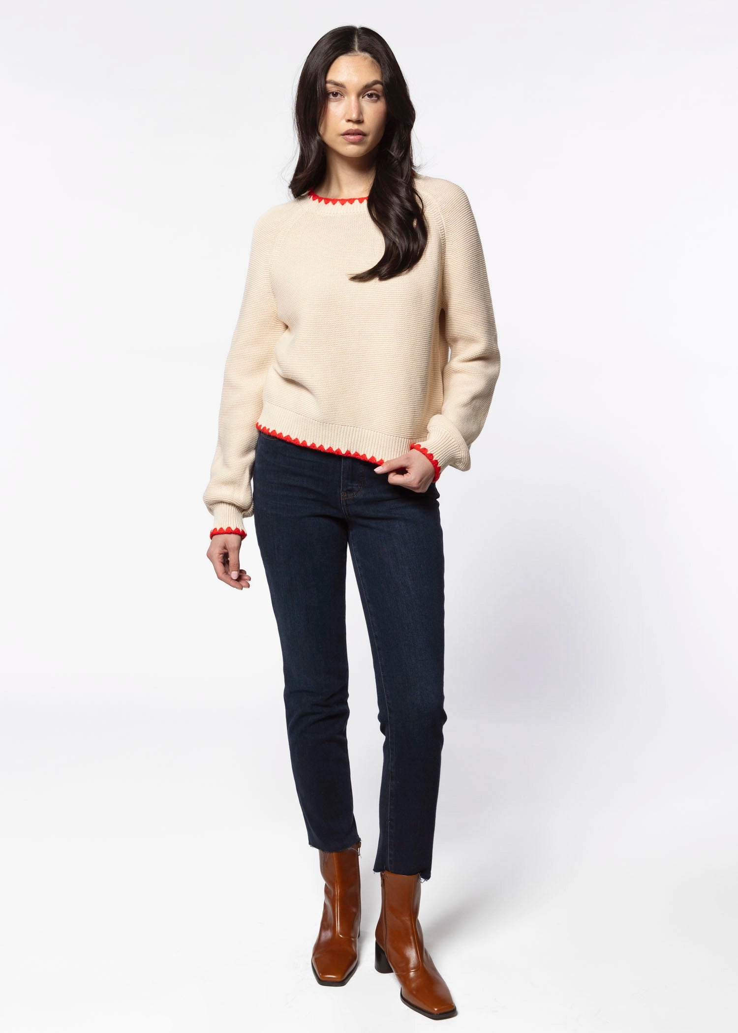 swatch_Almond/Red contrast trim sweater