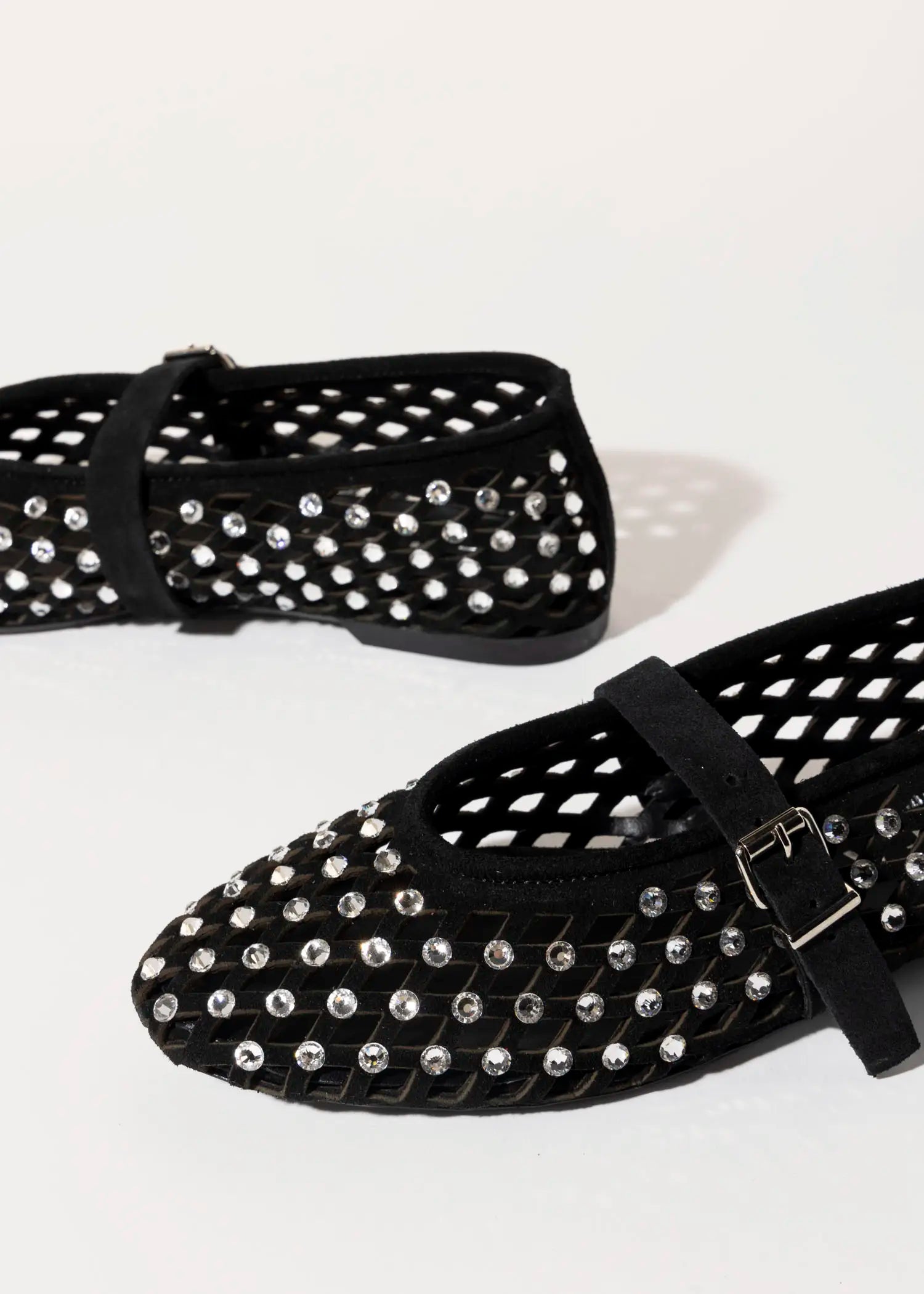swatch_black suede laser cut jeweled flat flat shoes