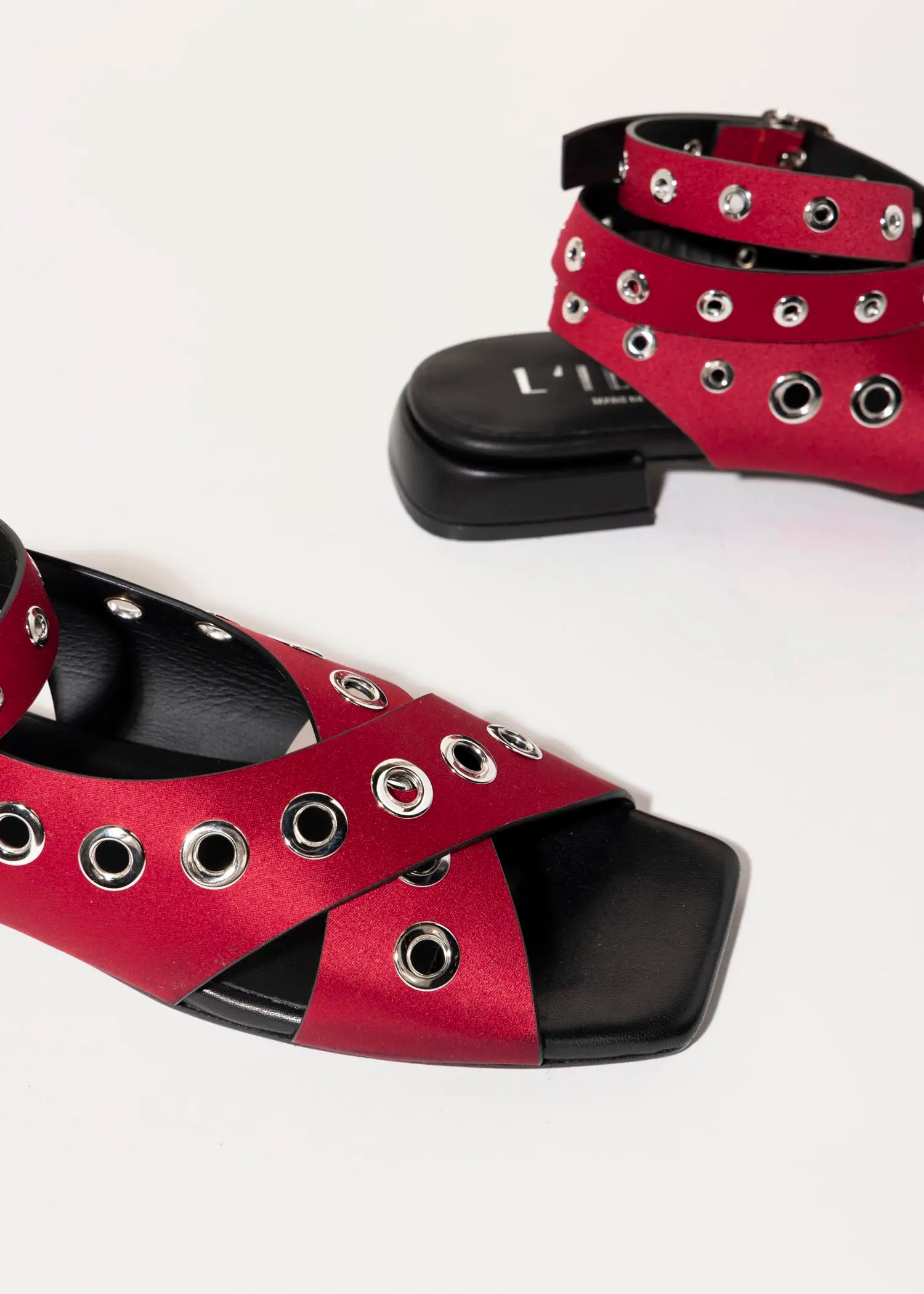 swatch_red satin flat sandal with grommets flat sandals