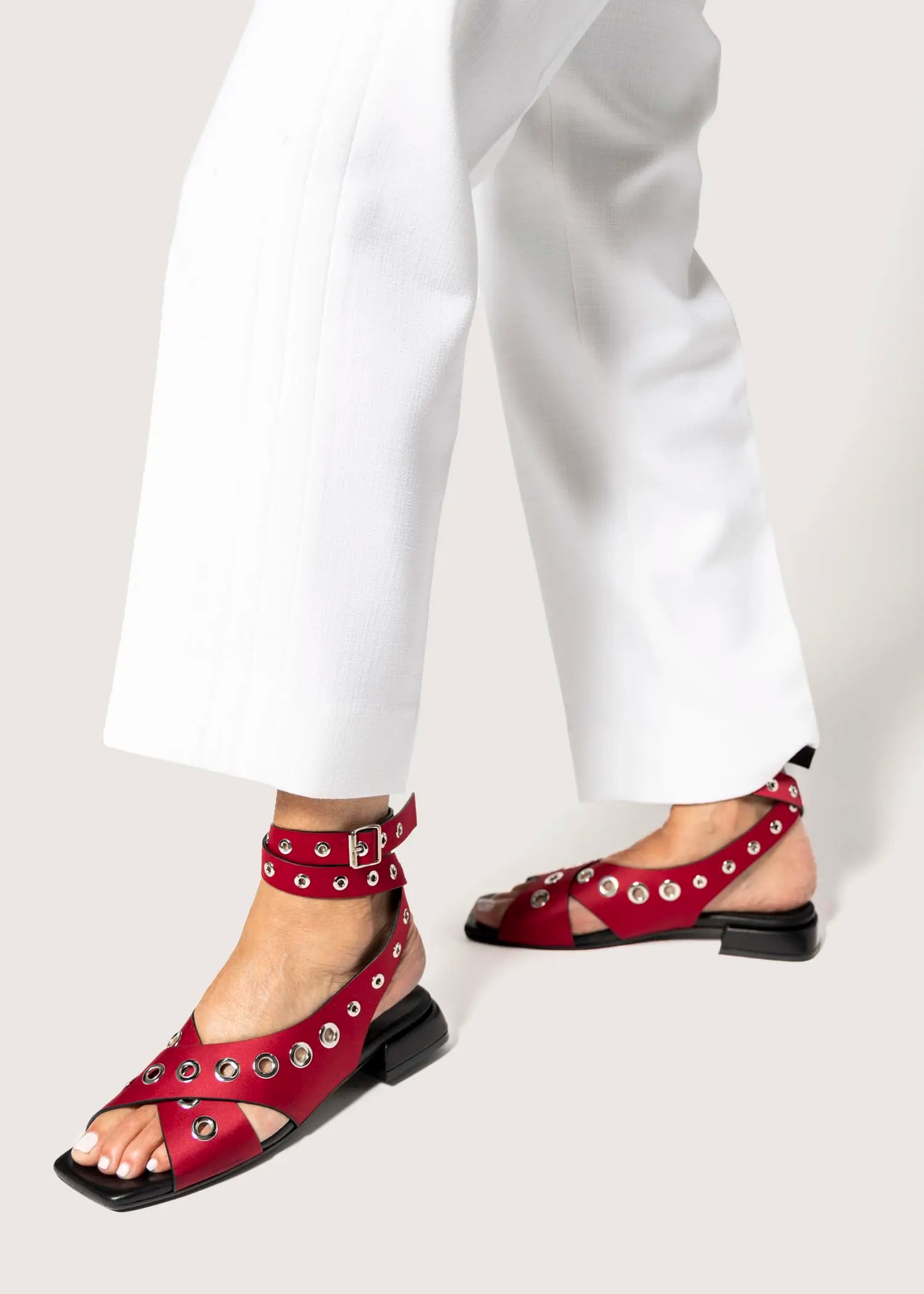 swatch_red satin flat sandal with grommets flat sandals